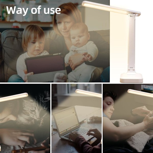 Skrivebordslampe, LED-bordlampe, sammenklappelig 3 farvebelysningsniveauer, USB