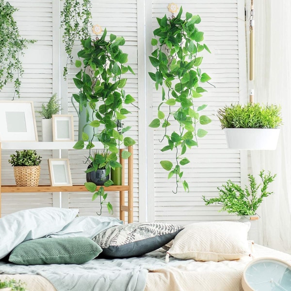 2 pakke kunstige hængende planter med kurve, kunstige grønne blade I
