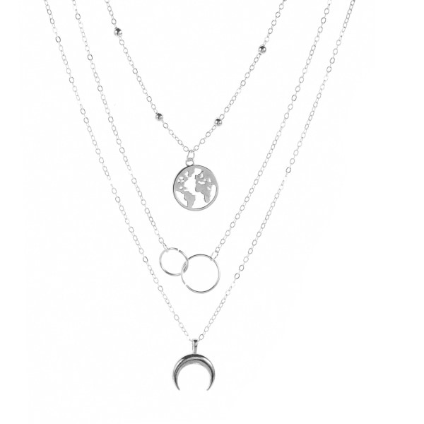 Multilayer Necklaces Map and Double Crescent Circle Pendant Neckl