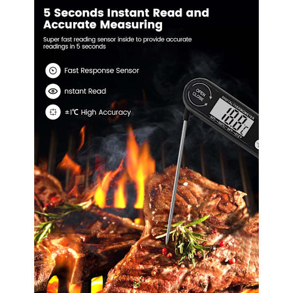 Digitalt kjøkkentermometer med sammenleggbar lang probe, digitalt kjøtttermometer, rask steketermometer for BBQ Cappuccino og melk