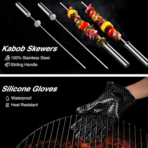 BBQ-tillbehör, grillverktygssats, 22-delat grillset i rostfritt stål