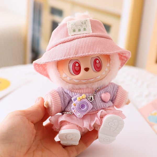 17 cm Labubu-kläder, hatt, glasögon, kläder, kjol, skor (rosa)