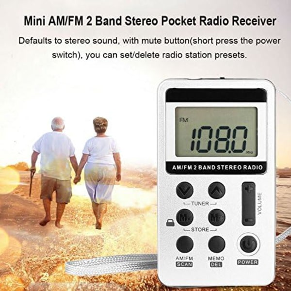Liten bærbar radio (sølv), mini lommeradio med oppladbar