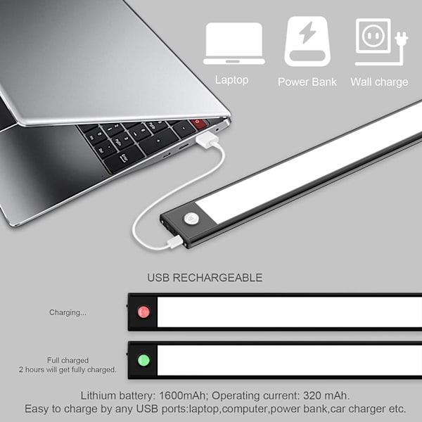 2 stk. skabslampe, 30 cm, trådløs, USB-genopladelig, bevægelse