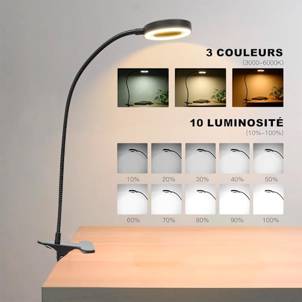 Klipslæsningslamper, 3 farver 10 lysstyrker, 48 ​​LED USB-bordlampe