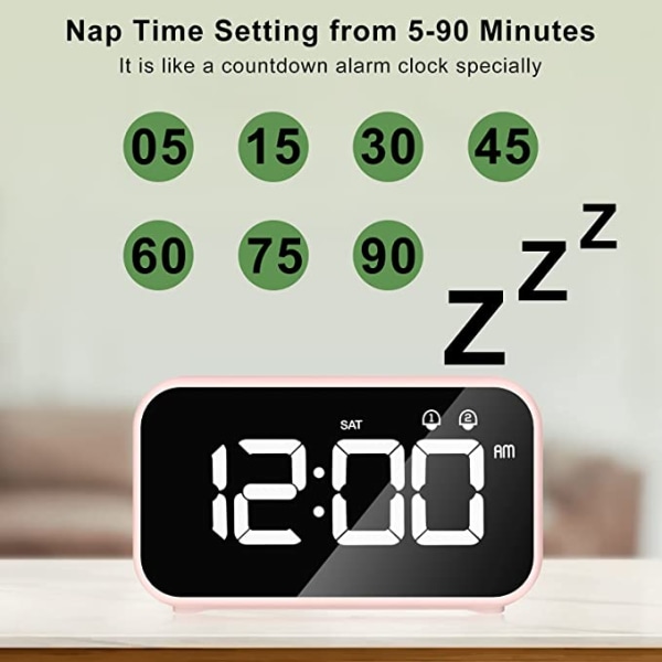 LED digital vekkerklokke med slumrefunksjon, 2 alarmer, 12/24H U