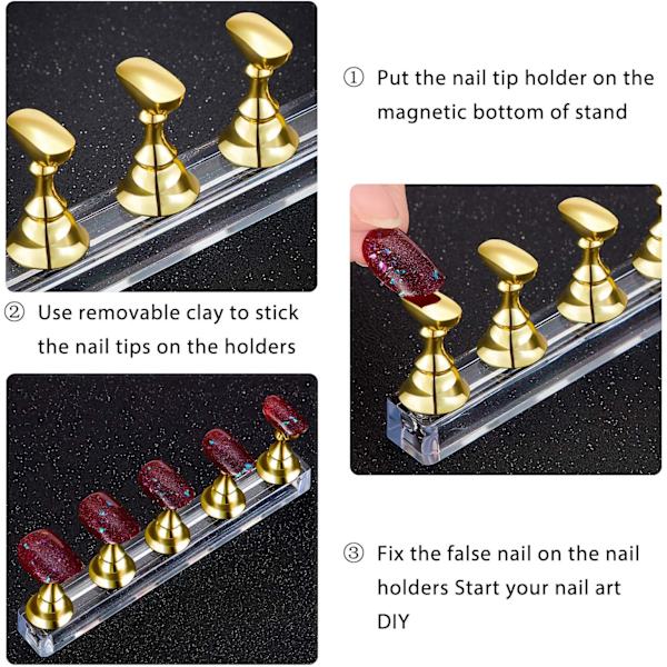 (Guld) 2 st Akryl Nagel Display Set Fingertip Practice Stand Mag