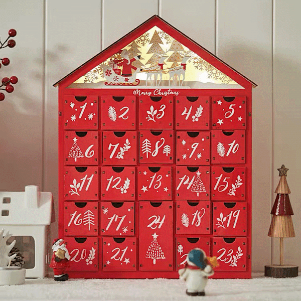 Stor genanvendelig træ-julekalender med belysning, æske med 24 Style 8