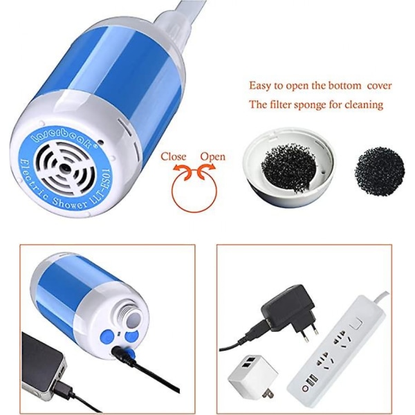(Sky Blue) Bærbar Campingdusj, Utendørs Dusjhode, Dusjpumpe, Oppladbart Batteri, USB-Ladekabel, Vannbøtte, for Fotturer, Kjæledyrrengjøring og Dusjing, Bilvask
