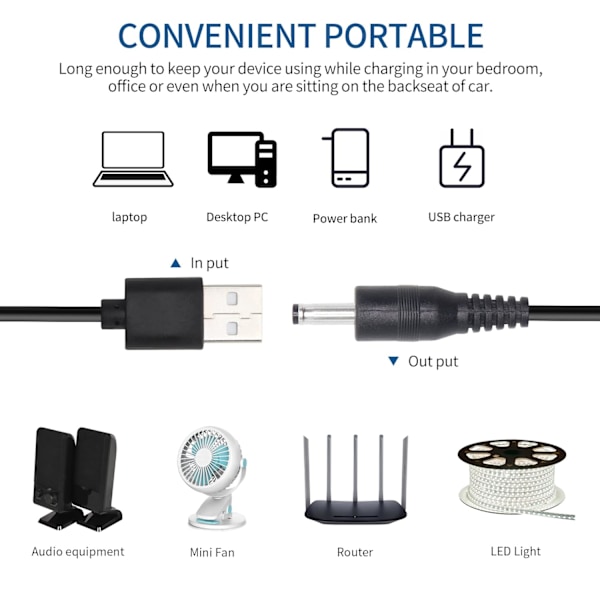 2-pack 5V DC-strömkabel, USB 2.0 hane till DC 5.5 mm x 2.5 mm hane strömförsörjningskabel för router, lampor