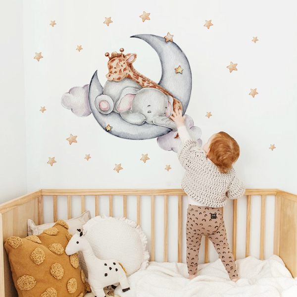 Tegneserie Måne Lille Hjort God Natt Dyr Veggklistremerke, Baby Nurs