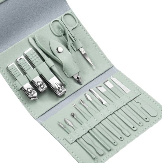 Grøn manicure- og pedicure-sæt til mænd og kvinder - 16 dele