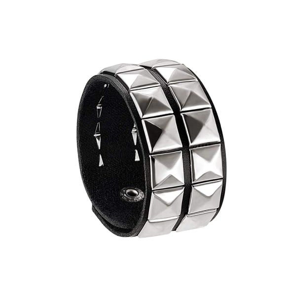 Unisex sort ægte læder sølv pyramide nitter armbånd 80'erne