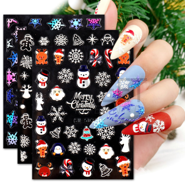 4 nye Nail Art juleklistermærker 5D prægede neglestickers