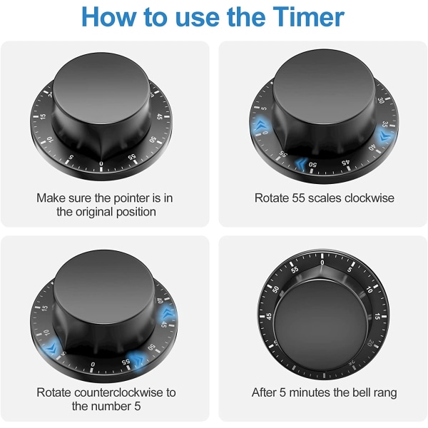 Svart - Mekanisk kökstimer, magnetisk timer som kan fästas, återanvändbar och vattentät i rostfritt stål