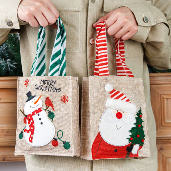 1 st jultomte presentpåse, linne tecknad gammal snögubbe present
