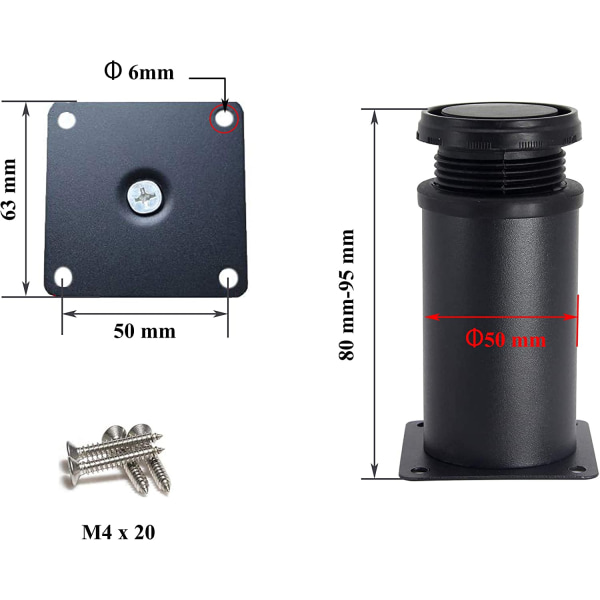 4 Justerbara Svarta Ben 80mm Höjd Tjockare Skåp Ben Bord L