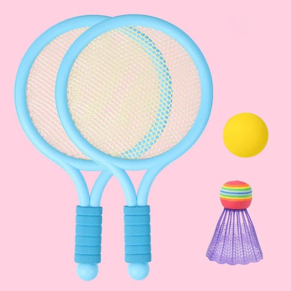 Blått tennisracketsett for barn, 2 tennisracketer, 1 badminton b