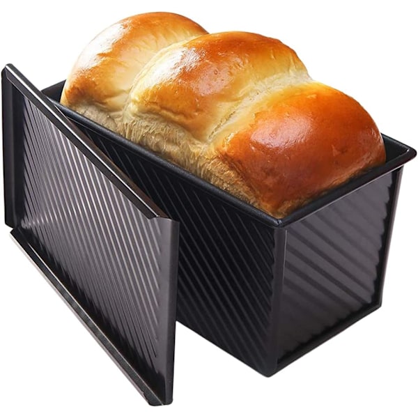 Brødform med låg, kulstofstål, non-stick, til bagning af kage og toast (sort, bølge, 450g dej)