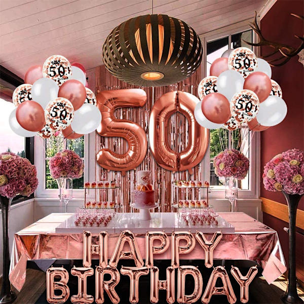 50-års roséguld födelsedagsdekoration, grattis på födelsedagen banderoll, hel