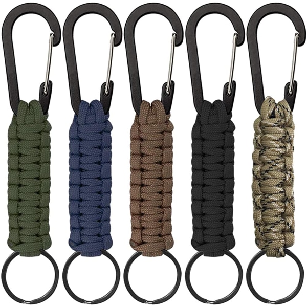 5-pakks paracord nøkkelring med karabinkrok, flettet snor for nøkkel