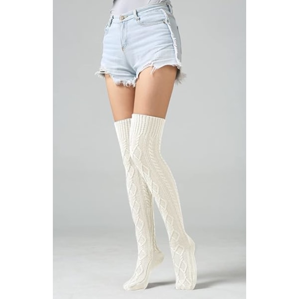 Lange strik sokker til kvinder - hvide, varme vinterlår høje sokker,