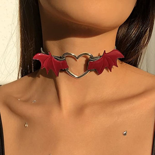 Rød Punk Læder Choker Halskæde Gotisk Batwing Hals Choker Halskæde