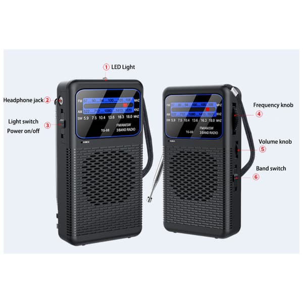 FM/AM/SW - Bærbar Mini Radio - Sort