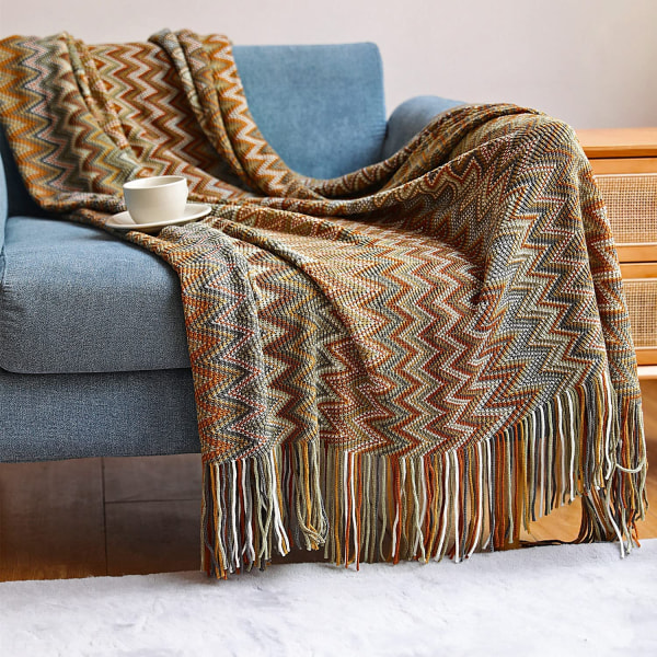 Boho-kastfiltar utomhus stickade tofsar filtar, (gul 50x