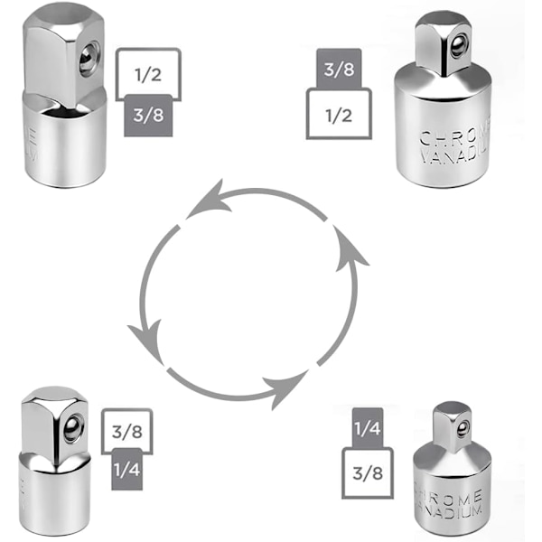 4 kpl Ratta-sovittimen sarja 1/2\" - 3/8\", 3/8\" - 1/2\", 1/4\" - 3/8\", 3/8\" - 1/4\" Sovittimet ja bittisovittimet