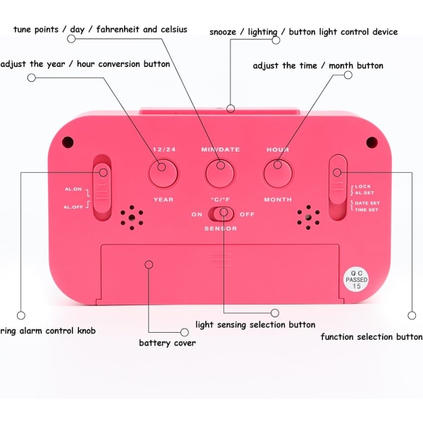 (Rose Red) LCD Digital Alarm Clock, Smart Digital Alarm Clock wit