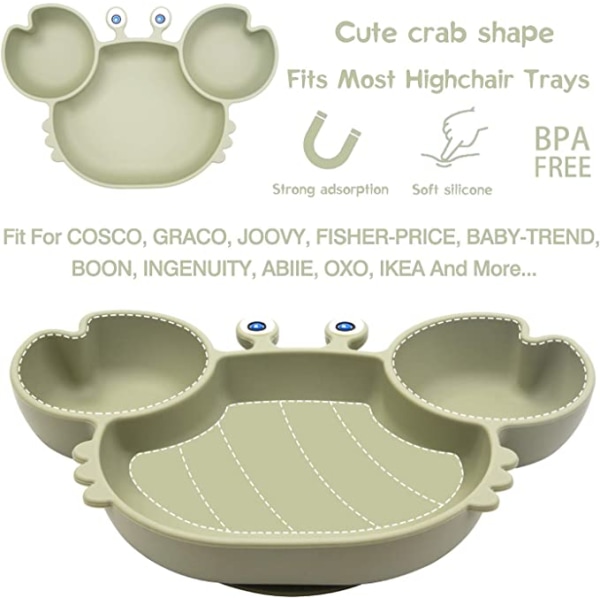 (Crab-Tea Green) Assiette à pour Bébé Silicone, Plaque d'alimenta