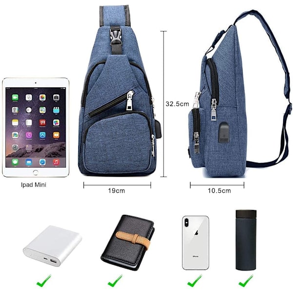 Miesten crossbody-salkku, rintalaukku USB-latauksella ja E