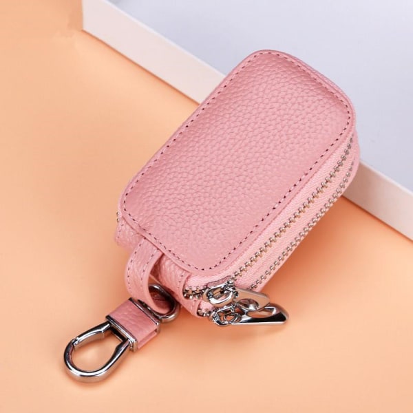Sæt med 1 Pink Car Key Chain Bag Dobbelt lynlås Læderbeskyttelse