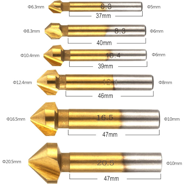 6 st HSS försänkare 90° fasning försänkare 6,3 mm 8,3 mm