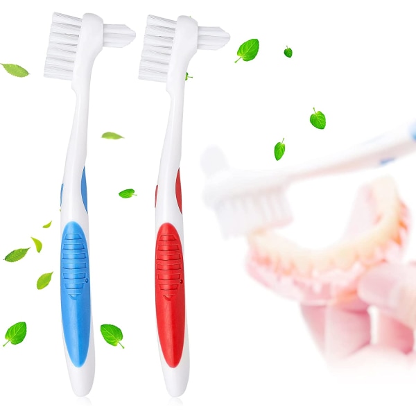 2 pakke dobbelthovedet tandprotesebørste - 1 rød, 1 blå