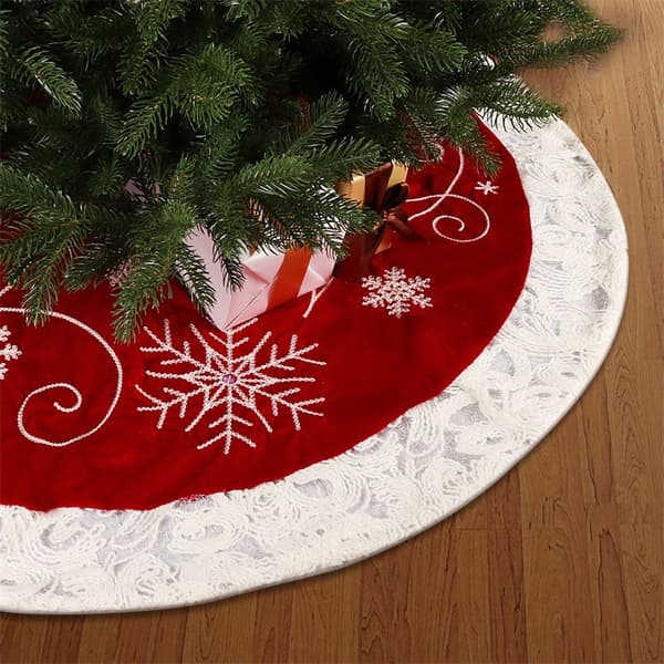 48 tum röd broderad snöflinga spets julgransmatta