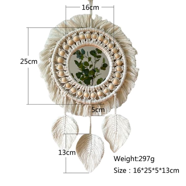 Beige, Boho Macrame Reunus Peili Seinälle Puuhelmillä Sulka