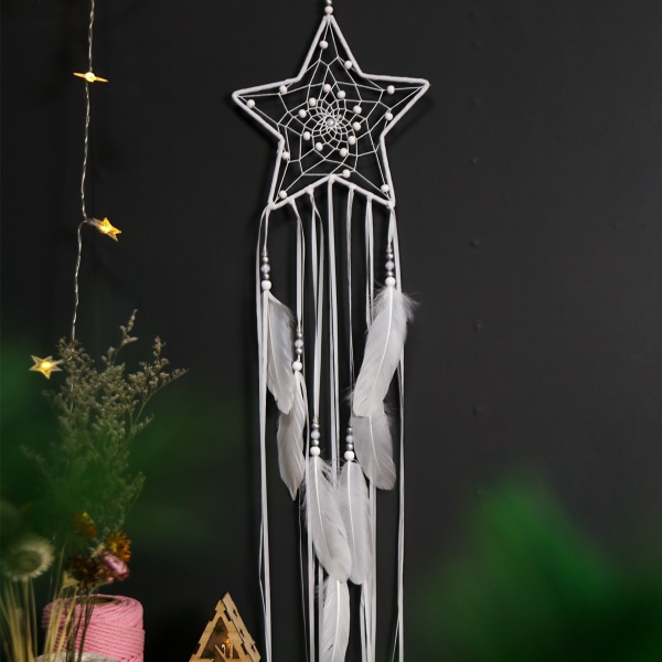 Star Shaped -White Dream Catcher Handmade Moon Design with Feath