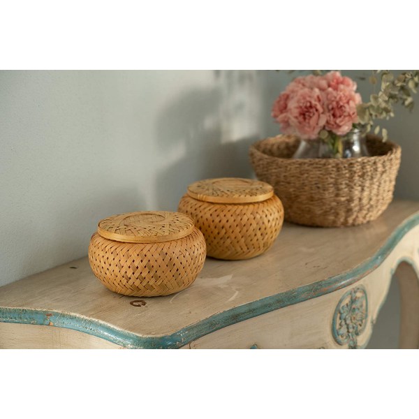 Vævet bambusæske, lille dekorativ beholder med låg, til opbevaring