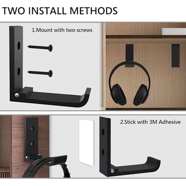 2-pak foldbar vægmonteret hovedtelefonholder, holdbar aluminium hovedtelefonstativ til universelt gaming-headset, holderen leveres med en hovedbåndsbeskyttelsespudse (sort，75*25mm)