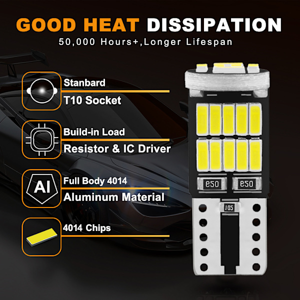 10 stk dekoding lampe T10-4014-26smd superlys LED bred