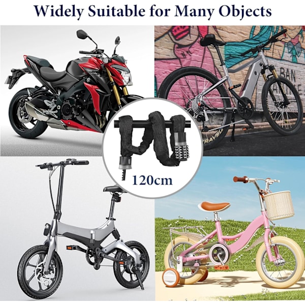 120CM Cykel Låsekæde, Høj Sikkerhed Anti-Tyveri Cykel Lås med 5 Cifre, Nøgleløs Motorcykel Lås med Dæksel, Anti-Tyveri