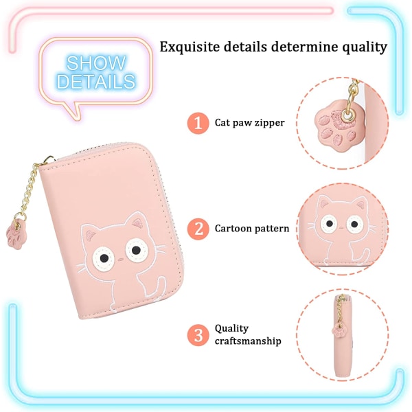 Rosa läder kreditkortshållare 11,5 x 8 x 3 cm söt katt dragkedja C