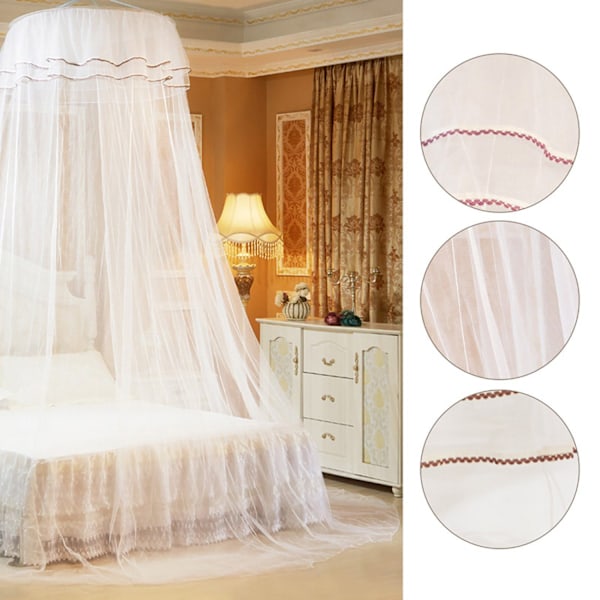 (Hvid) Dome Myggenet, Elegant Blonde Prinsesse Himmel Seng Netting med 2 Sommerfugl Dekorationer