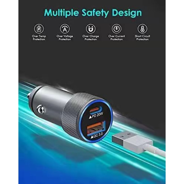 20W USB C -autonlaturiadapteri 1 m:n Lightning-kaapelilla, 12V/24V D