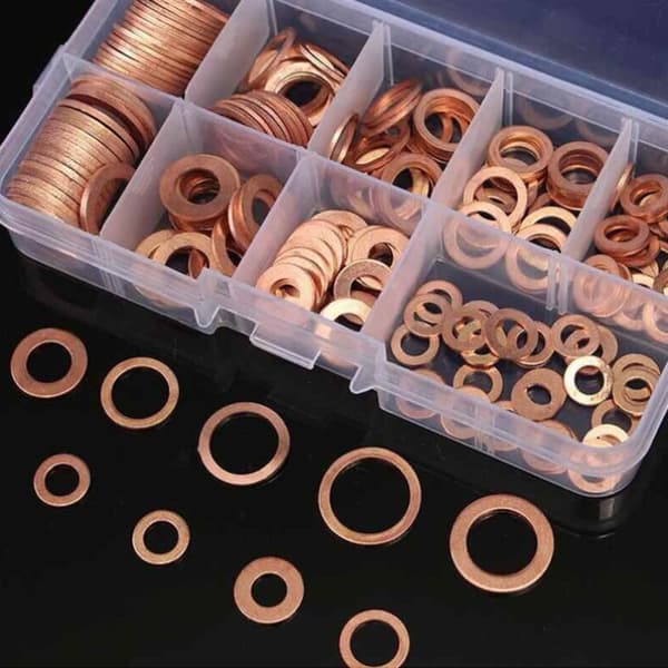 200 stk flate pakninger, pakninger, skiver, mutter og bolt kobber sortiment
