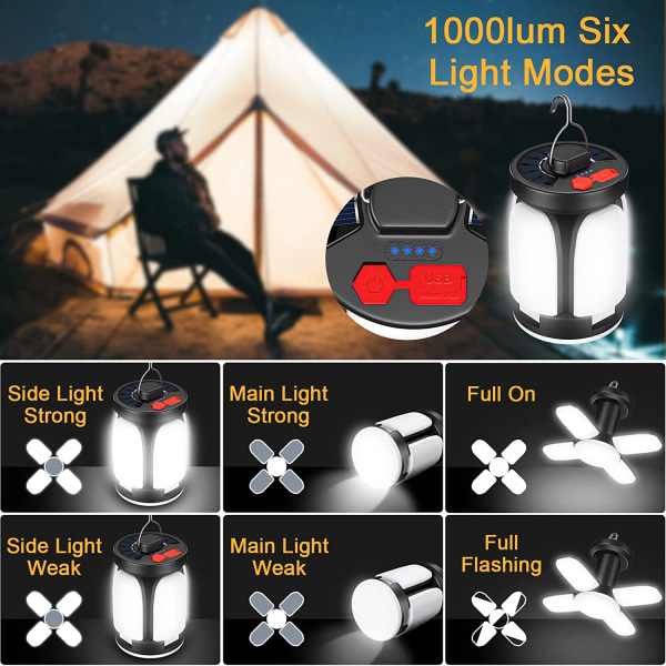 LED Camping Lantern 4500mAh Solar Lampa USB Uppladdningsbar 6 Lighti