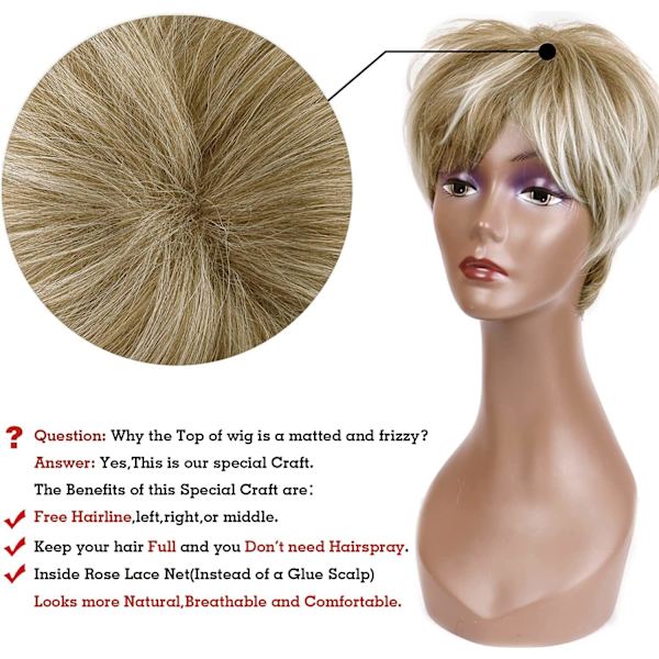 Kort blond paryk til kvinder - Naturlig blond kort pixie paryk i syntetisk hår