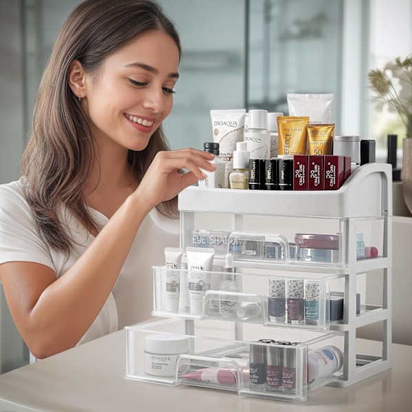 Makeup Organizer med Skuffer - Makeup & Kosmetik Opbevaring til Badeværelse - Toiletbord Opbevaring - 3 Skuffers Opbevaringsboks